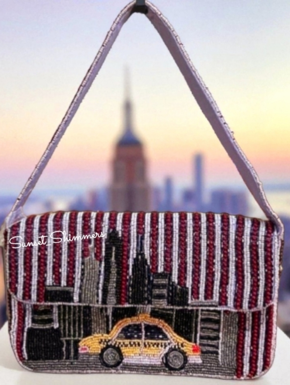 Beaded New York City Yellow Taxi Shoulder Bag Cityscape Viral Handcrafted Purse